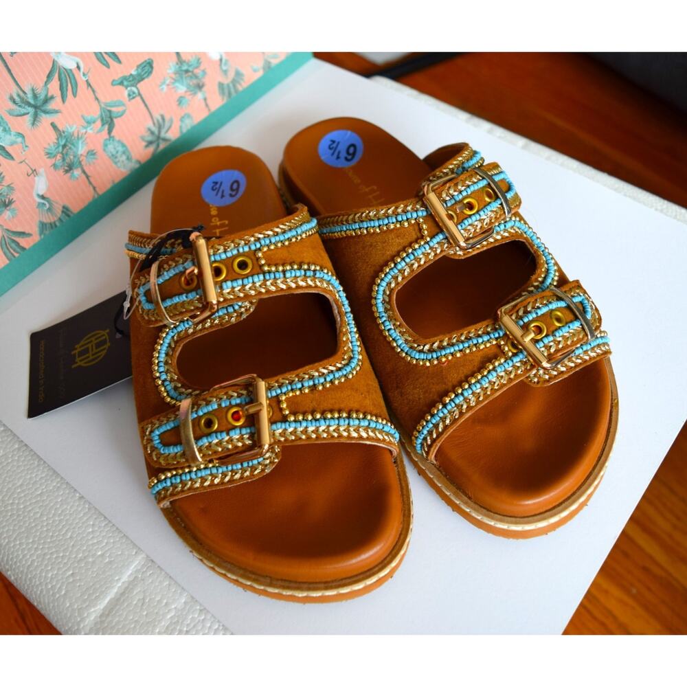 House of Harlow Women’s Tan Blue Leather Beaded Buckle Slide Sandals US 6.5 - Picture 2 of 5